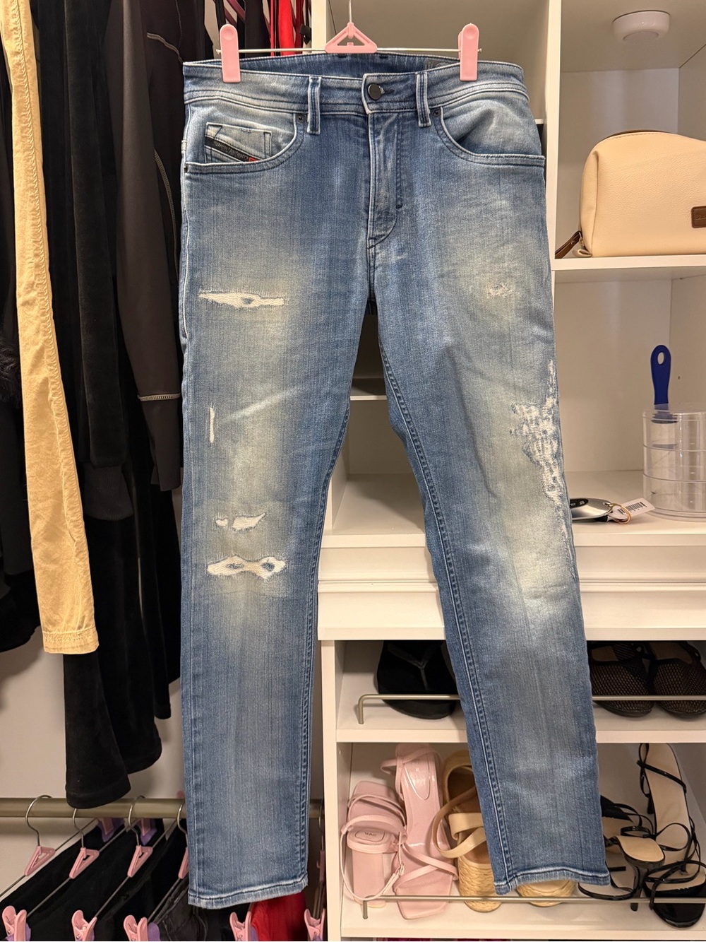 DIESEL Men's Light Blue Distressed Slim Jeans